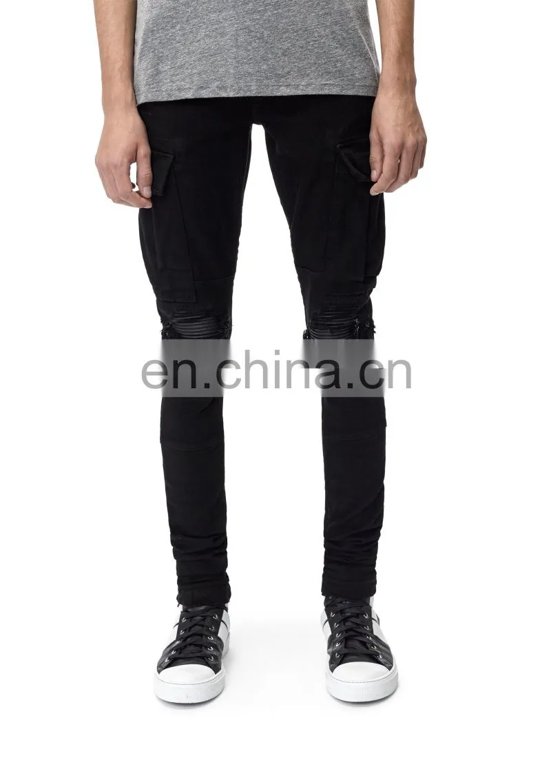 DiZNEW New Stretch Ripped Pleated Knee Patches Cargo Black Jeans men