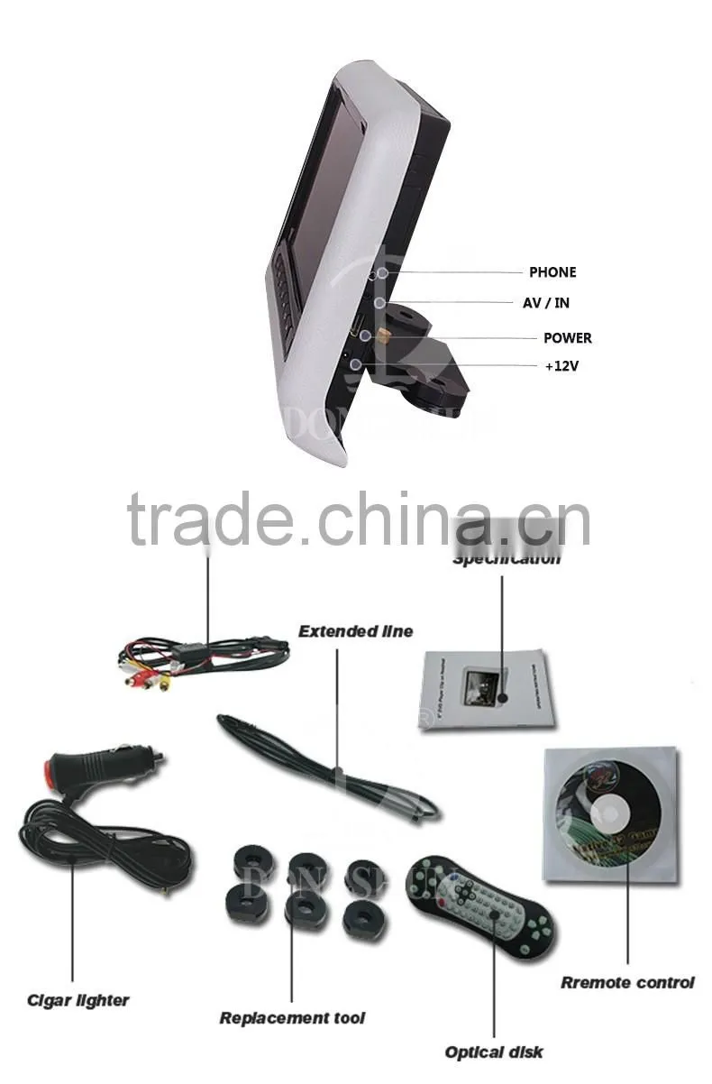 Hot selling Car monitor with 9 inch screen ,Car Headrest DVD without pillow