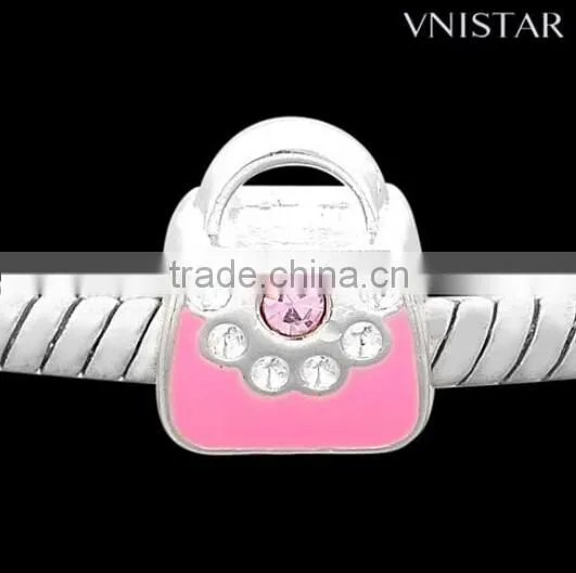 Vnisatr silver plated pink&cyan&purple enamel handbag shaped european beads with crystals PBD2505