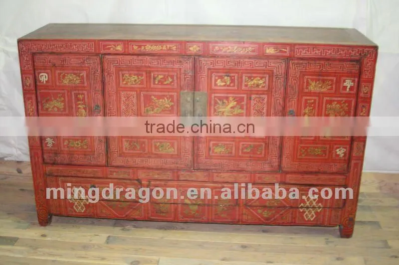 Chinese antique furniture red& golden painting three drawer four Foor cabinet