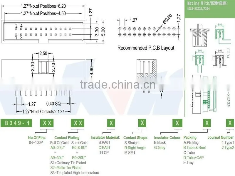 Pitch 1.27mm height 4.9 dual row straight box header connector