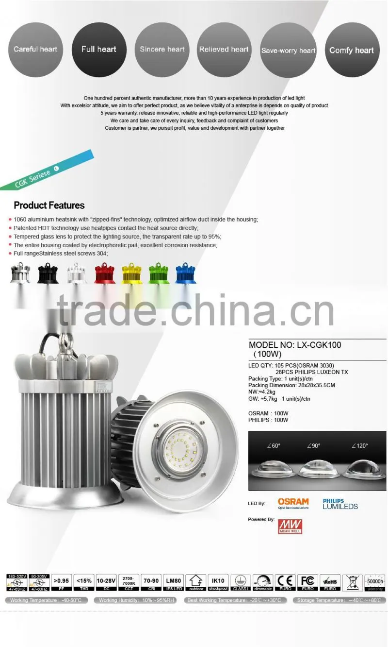 3D Heat Dissipation, Meanwell Driver, 5 Years Warranty, Crown Series, UL Approved #481383 100W LED High Bay Light