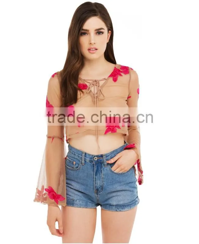 Elegant women floral printed sheer long sleeve sexy blouse