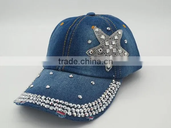 Distressed Denim Baseball Cap With Diamond