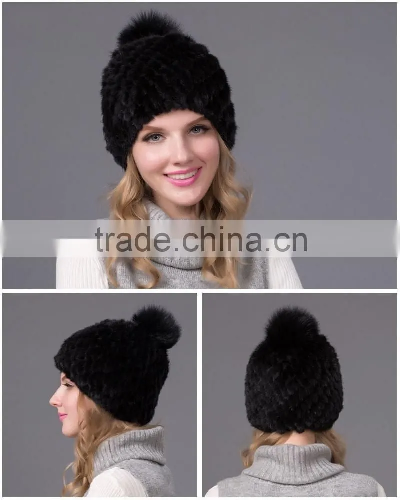 Winter rabbit fur pompom hat brown women mink fur hat knitted mink hat