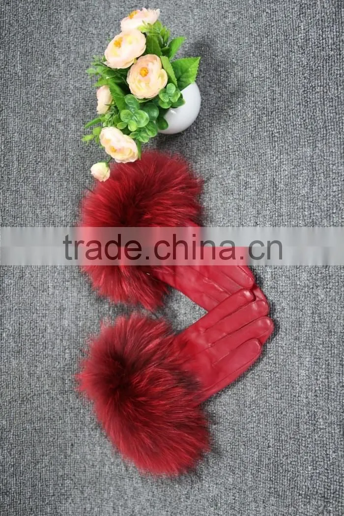 fashion sheep leather gloves women touchscreen raccoon fur cuff leather gloves