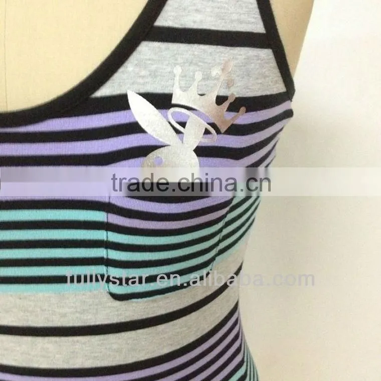 sleeveless print t shirt stripe lady t shirt custom girl stripe t-shirt
