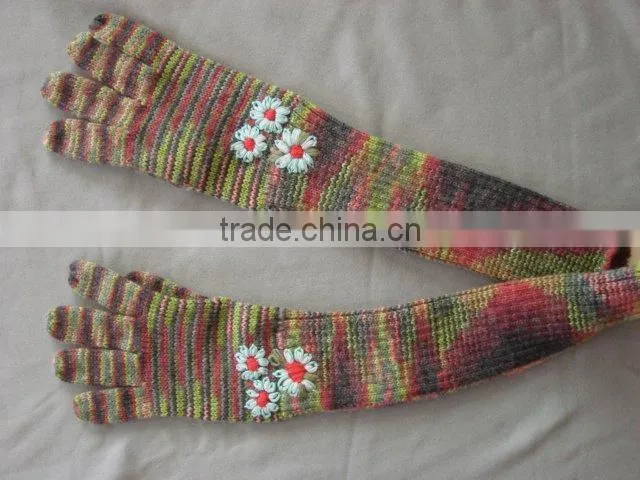 TYG002 Ladies Fashion 75%Acrylic8%Polyamide17%Wool/Multi colour/ Long Gloves With Flowers By Hand/2014 Winter