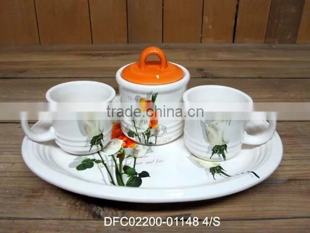 chinese ink ceramic 4 pcs condiment set in a round wood basket