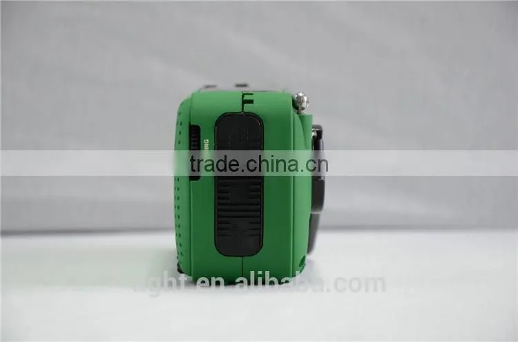 Design solar emergency radio, hand crank to wind up, flashlight, phone charger, green