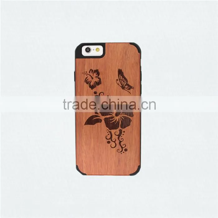 Universal Butterfly with Flower PC and Wood Phone Case with press key two in one for Iphone 6/6 plus