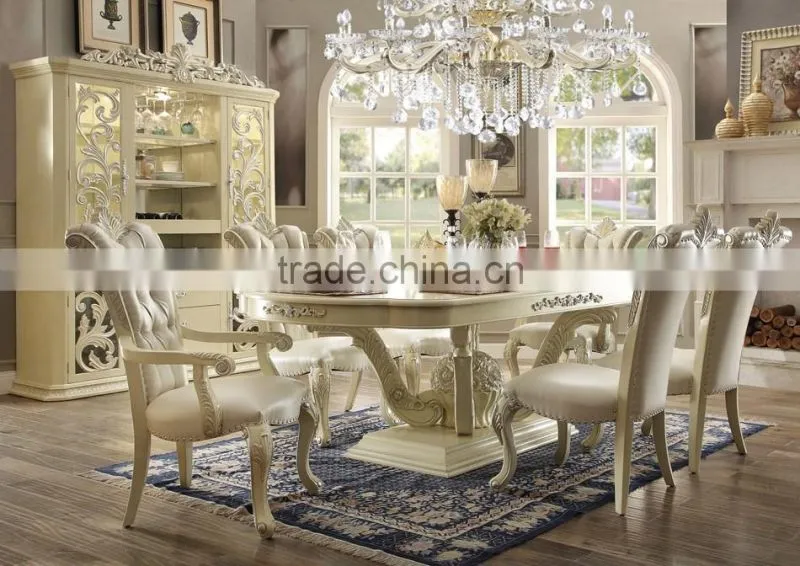 Ivory White Antique European Style Royal Hand Carved 8 Persons Long Dining Table With Matching Side Chair(MOQ=1 SET)