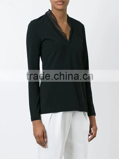 Custom Women Long Sleeve V Neck Plain T-Shirts,New T Shirts Design V neck Black blank plain t shirt for women