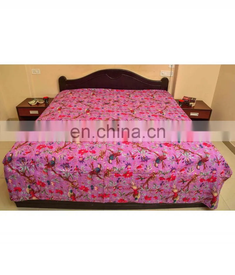 Indian Handmade Bird of Paradise Kantha Quilt Queen Size Reversible Throw Ralli