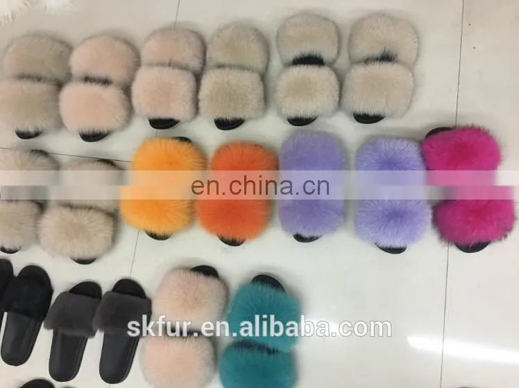 Factory wholesale long hair and soft real fox fur slides for women