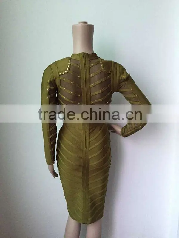 Summer dress army green black long sleeve mesh sey party women beading bandage Dress Bandage Bodycon Women Wearing