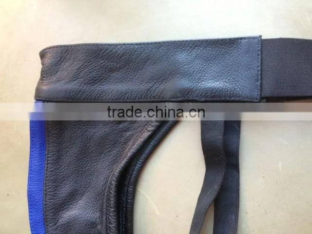 Leather Blue Striped Zip Fronted leather jock strap underwear