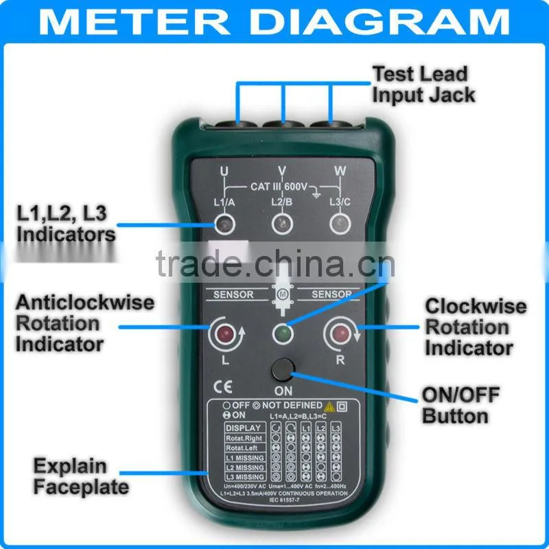 Meter Sequence Tester LED Field Mastech MS5900 3 Motor Phase Rotation Indicator