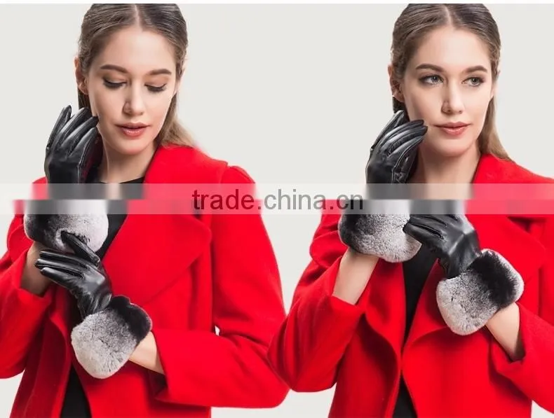 Ladies Wearing Leather Gloves With Gradient Rex Rabbit Fur Trim Genuine Sheep Skin
