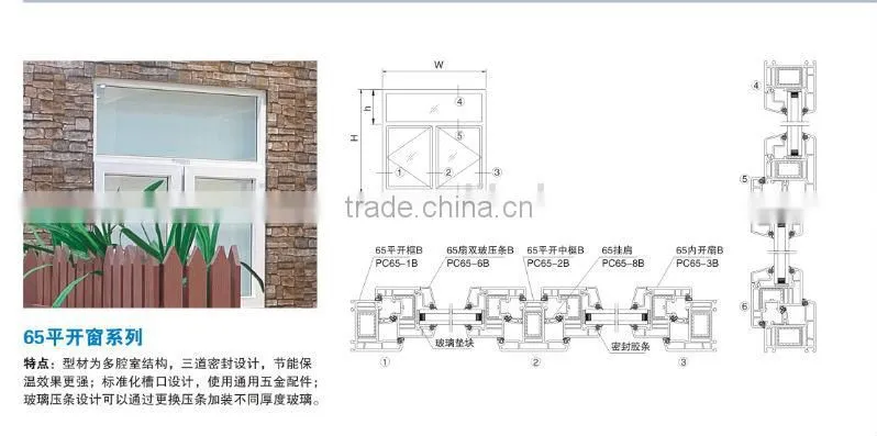 UPVC window profile 60MM casement window series(curved edge)