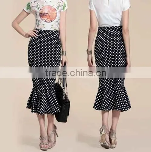 Fashion Women Polka Dot High Waist Midi Skirt Fishtail Hem Slim Pencil Skirt