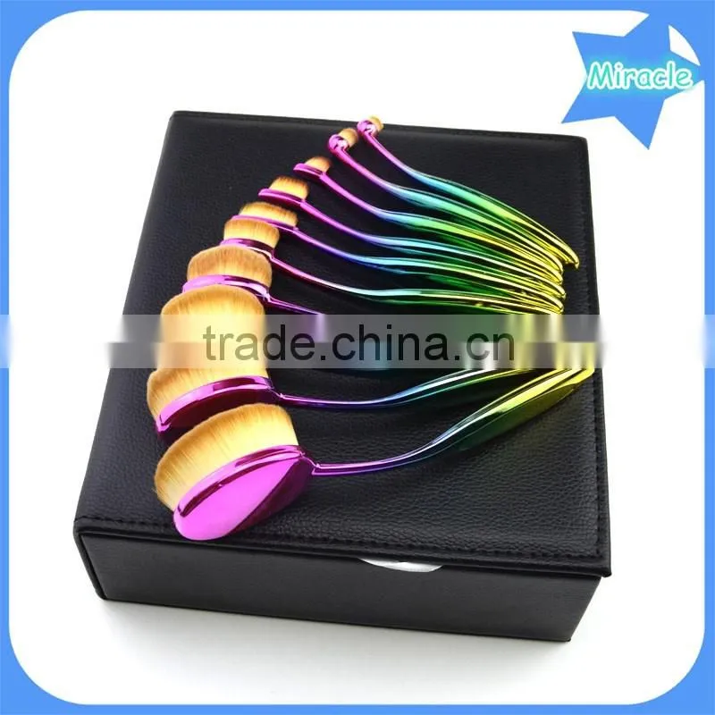 2016 Hot 10pcs rainbow color privalte label oval multi-purpose makeup brush with make up brush box