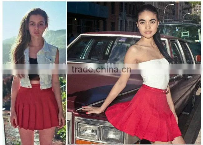 2015 American Apparel Street Fashion Woman Lady High Waist Ball Tennis Pleated Skirt XS-L White Black Red Pink Yellow