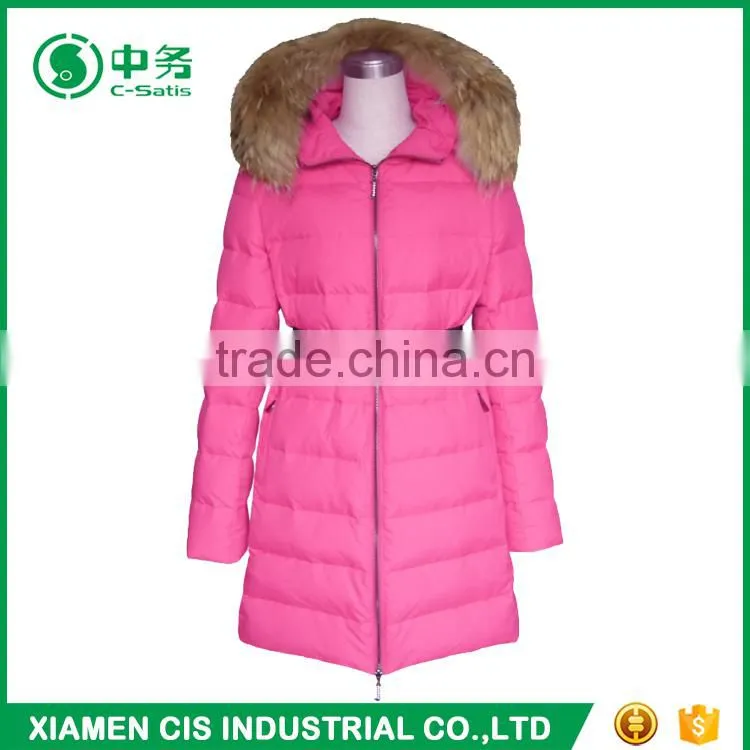Fashion Style Winter Fur Collar Pink Long Style Duck Down Jacket for Women