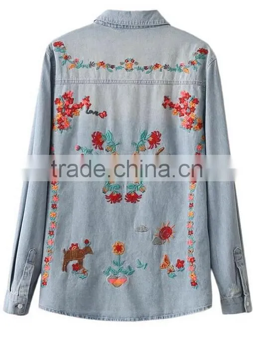 Runwaylover EY2348B New Design 2017 Ladies Fashion Embroidery Denim Blouse