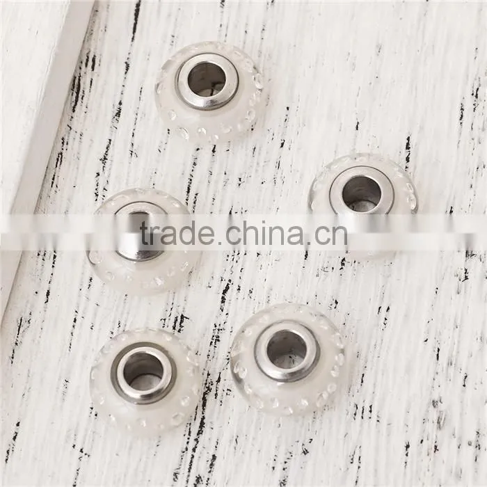 Lampwork Glass & Cubic Zirconia European Style Large Hole Charm Beads Round Clear W/ Stainless Steel Silver Tone Core