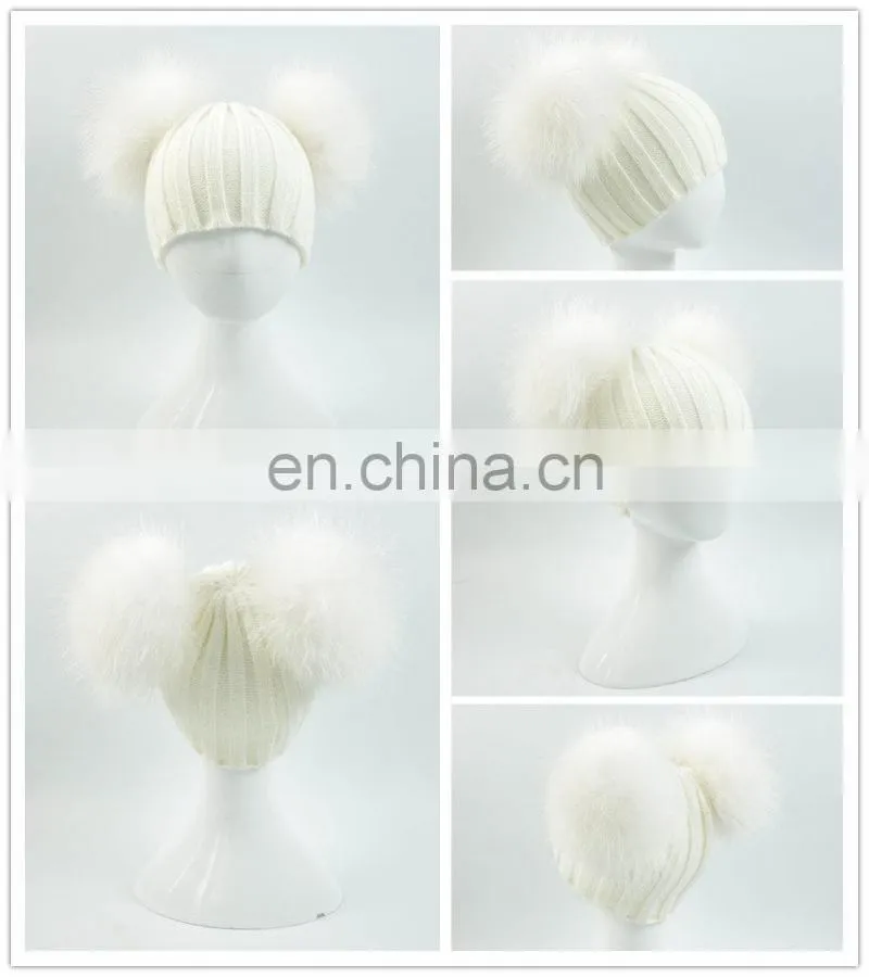 Wholesale Fashion Cheap kids Knitted Hats Real Fur Two Poms Kids Hat Winter
