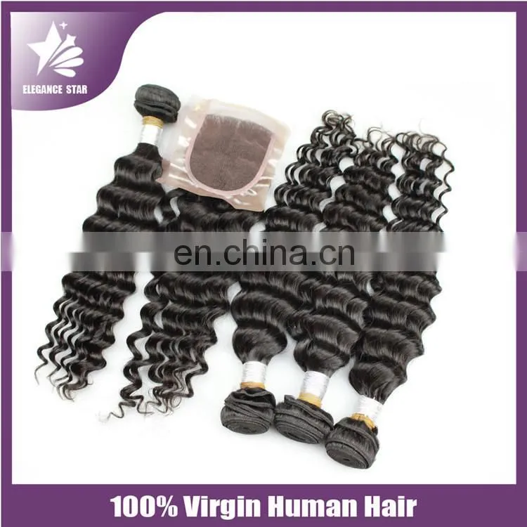 Super 4"*4" Filipino raw indian deep wave deep curl remy human hair weave with middle part lace closure