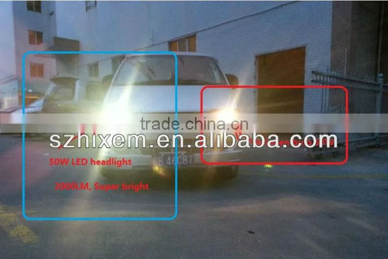 Higher power 12V/24V 50W car LED headlight, 2200 lumen