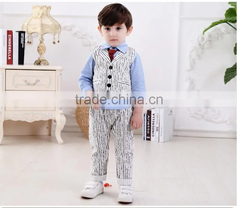 2016 Wholesale New arrival British gray Striped vest three-piece baby boy set plaid shirt with tie baby boy clothes suit