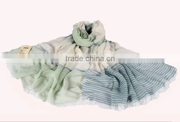 2014 Newest Fashion Lady Stripe Design 100% Cotton Linen Scarf