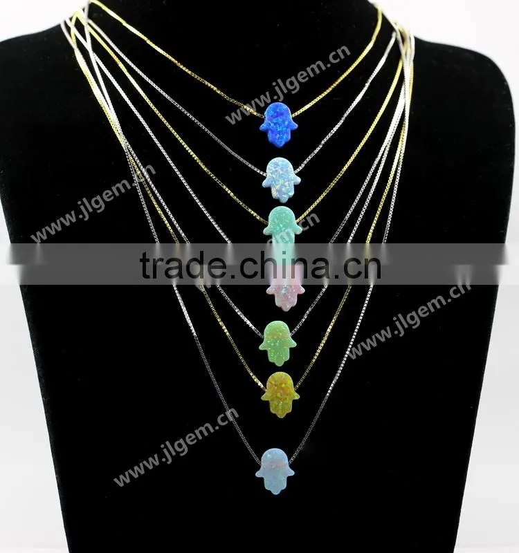Stunningly Synthetic OP42 Hamsa/Hand Opal 18K Plated 925 Sterling Silver Chain Necklace