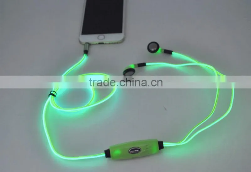 EL light Earbuds and LED earphone, golwing earphone with microphone