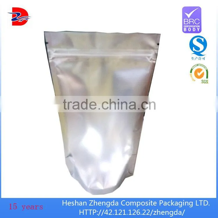 Stand up food grade plastic aluminum foil packaging bag with zipper
