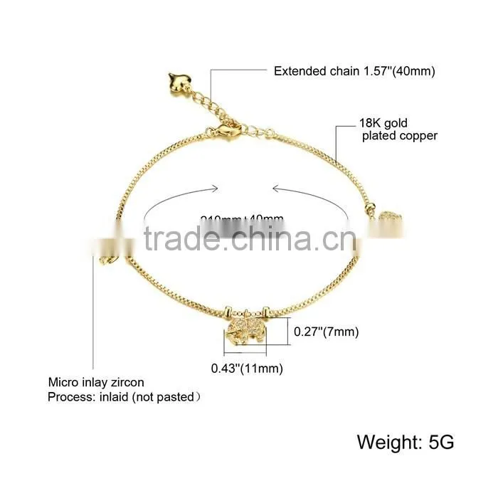 2016 latest style stainless steel elephant hair gold anklet
