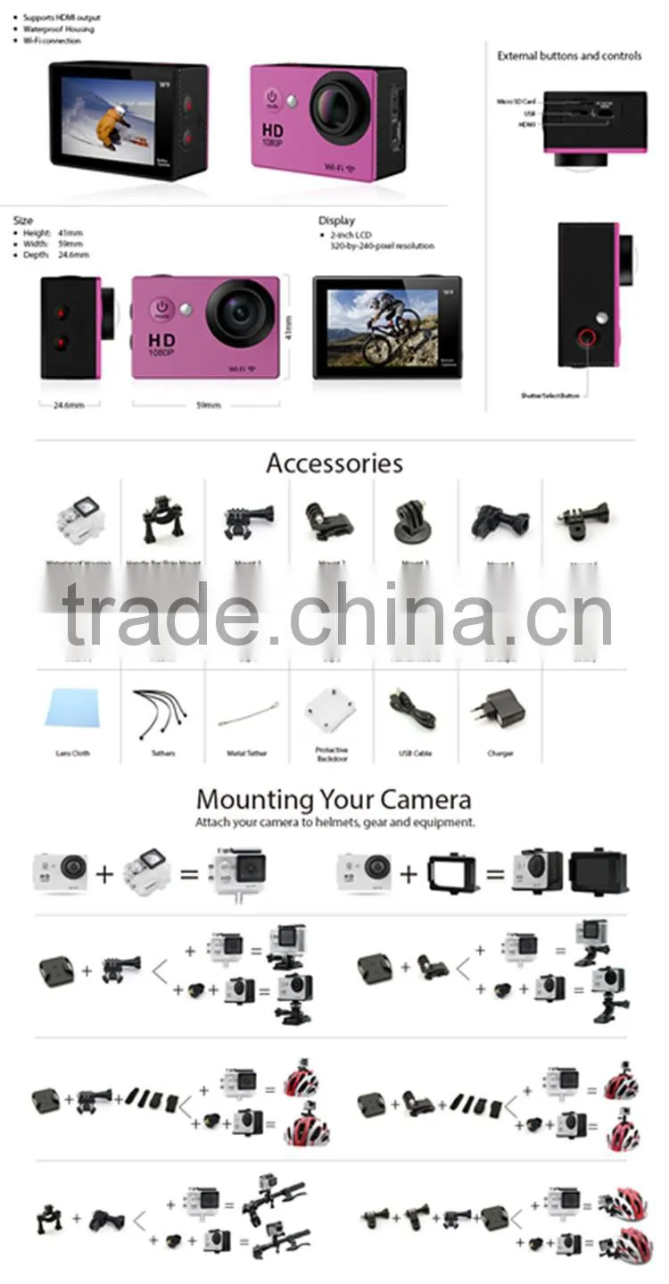 Full HD 1080P Action camera Outdoor Travelling Underwater Helmet Sport Camera Digital Video Wifi Remote Control