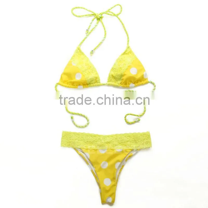 RELLECIGA Triangle Bikini Swimwear - Hot Dots + Neon Yellow Lace Top with Scrunch Bottom