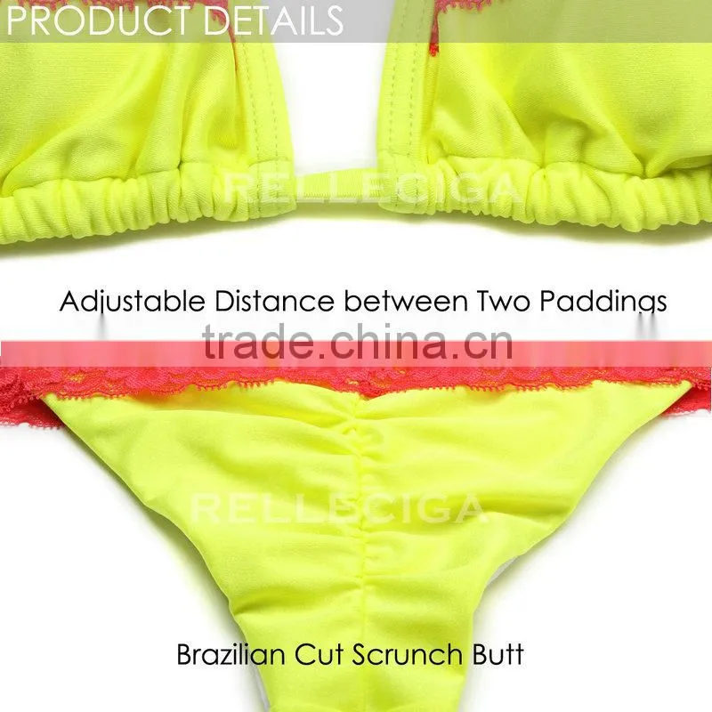 RELLECIGA 2016 Lace Collection -New Neon Yellow + Cross Red Lace Bikini Swimsuit with Triangle Top and Brazilian Cut Scrunch But