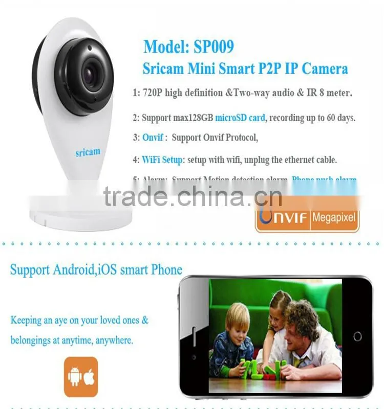 New Sricam Wireless WIFI HD 720P IP Camera SP009 ONVIF Indoor Security 8m Night Vision Wireless Security Camera Baby Monitor