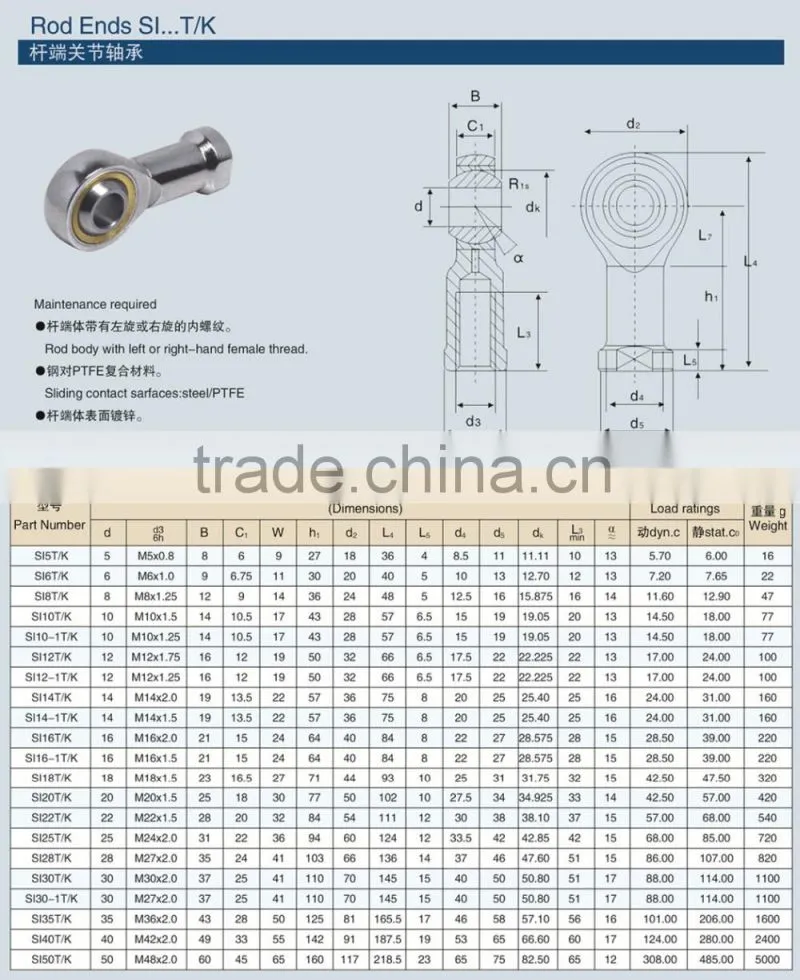 self-lubricating rod end bearing 8mm ball joint bearing SI8T/K