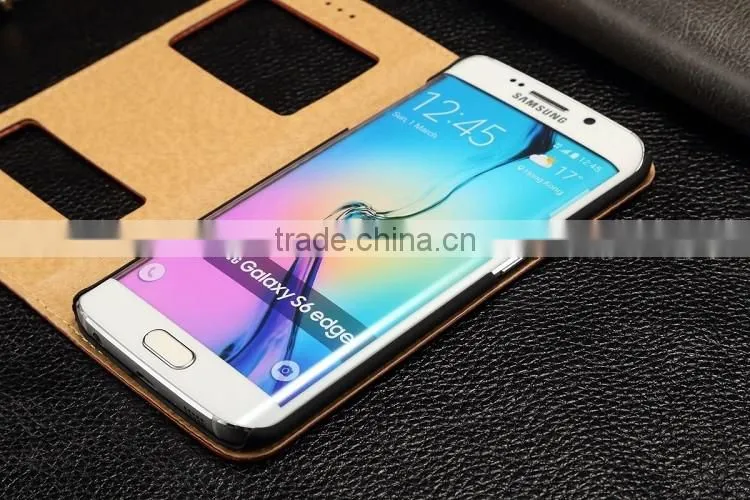 Genuine Leather Cover Window Display Stand Phone Flip Case For Samsung Galaxy S6 Edge