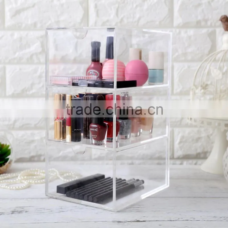 Makeup Display Organiser Box Acrylic Cosmetic Lipstick Brush Holder with 3 Drawers