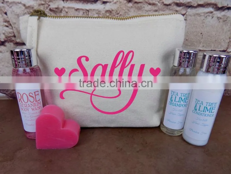 black canvas custom cosmetic bag with logo printed on one side