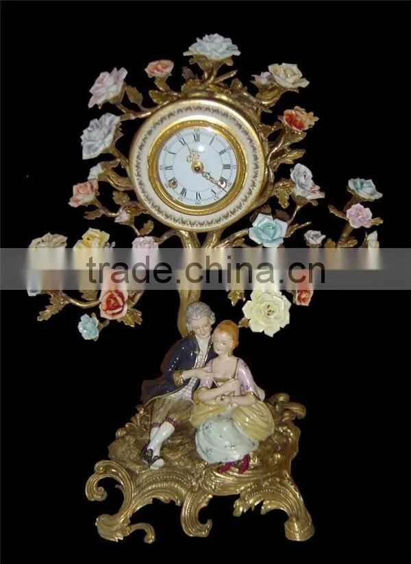 Ancient Collectable Antique Brass and Ceramic Table Clock, Decorative Lady Dancing Under Flower Tree Desk Clock