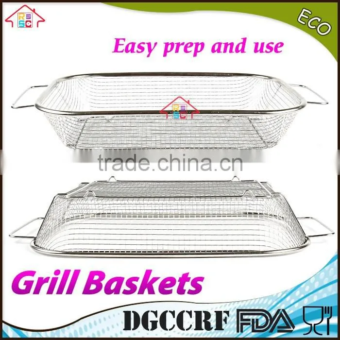 NBRSC BBQ Vegetable Stainless Steel Non-Stick Grill Basket Outdoor Cooking Grilling