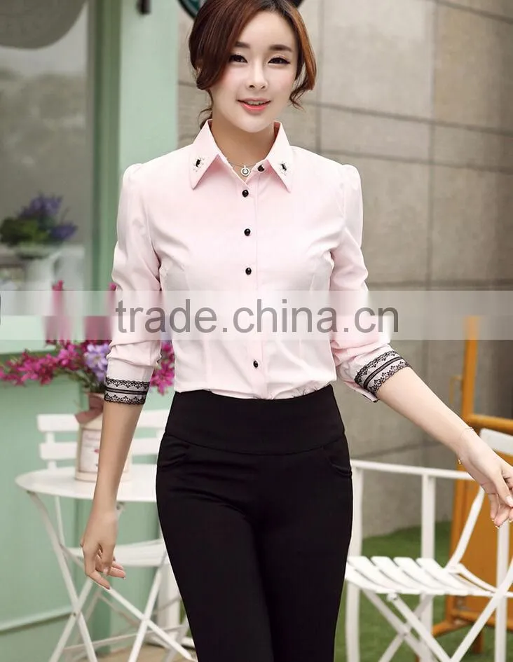 Women Casual Long Sleeve Shirt Lace Flower Lapel Top Office Career Blouse